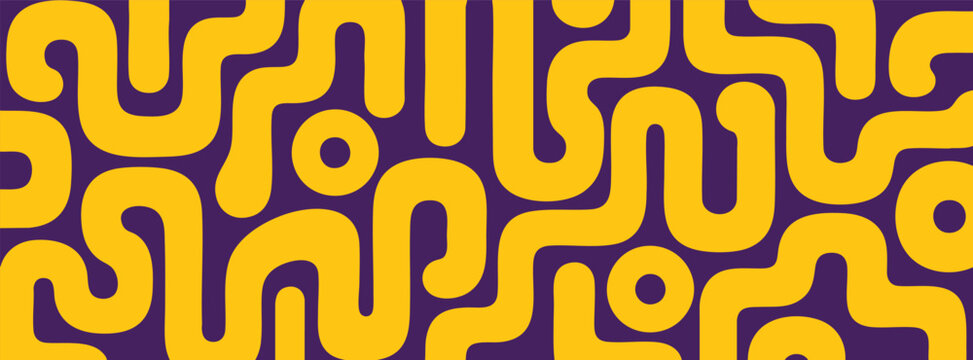 A vibrant, modern abstract pattern featuring continuous, flowing yellow organic lines and circular shapes set against a deep purple background.