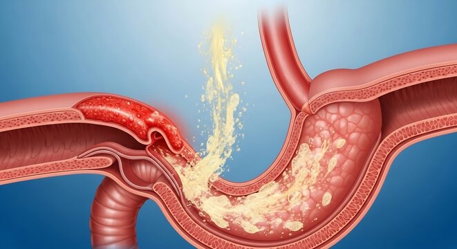 Illustration of Acid Reflux and Hiatal Hernia Affecting the Stomach and Esophagus.