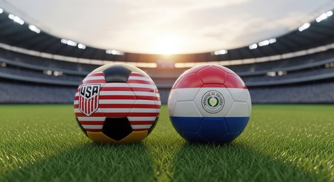 Soccer balls with usa and paraguay flags on a stadium grass field