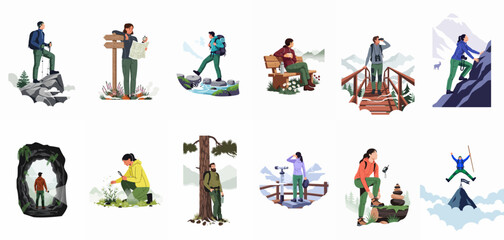 Collection of flat vector illustrations depicting diverse hiking activities, mountain climbing, nature exploration, and outdoor adventure scenes for active lifestyle and travel themes. © Siji