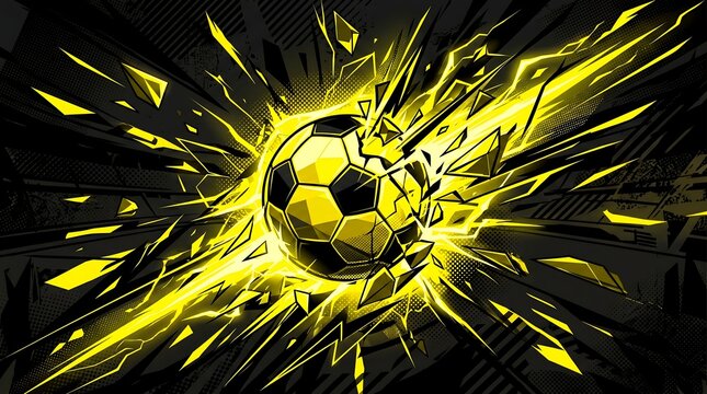 Soccer ball exploding with bright yellow energy and sharp shards on black background