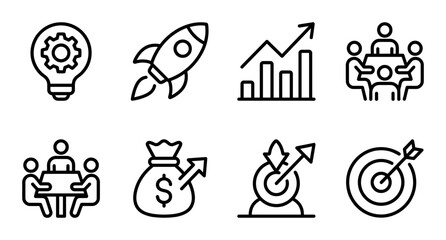 Fototapeta premium Business Startup Icons Set: Idea, Rocket Launch, Growth Chart, Teamwork, Money Bag, Target, Strategy