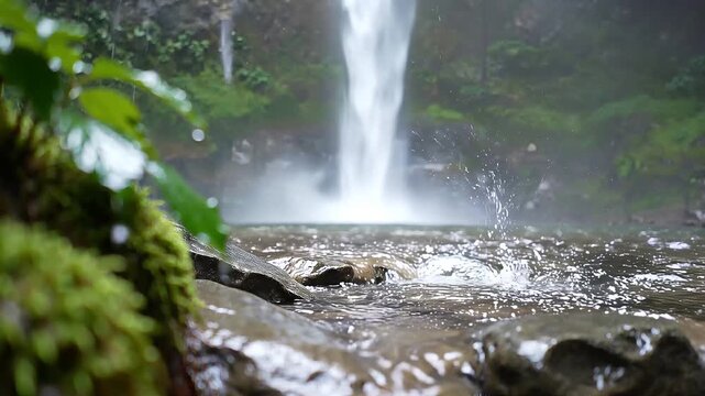 A majestic waterfall cascades into a pristine pool, surrounded by lush, moss-covered rocks and vibrant green foliage, creating a serene and untouched natural landscape.