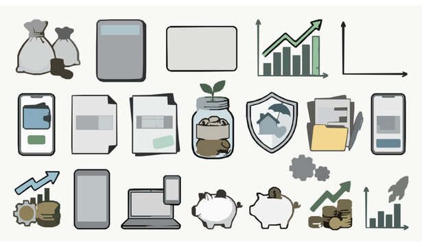 Modern Hand Drawn Finance Vector Icons with Banking Investment and Business Symbols