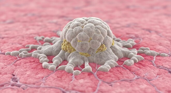 Microscopic view of a cancerous tumor cell with pseudopods extending outwards on a pink tissue background.