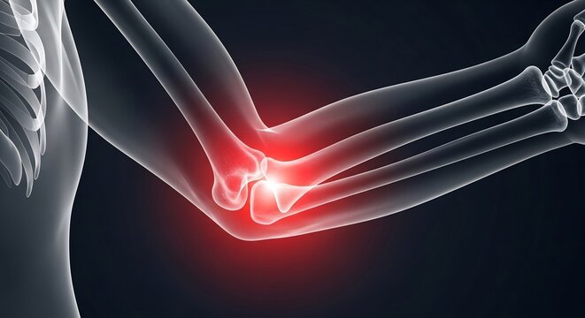 Human Elbow Joint Anatomy with Inflammation and Pain Highlighted in Red.