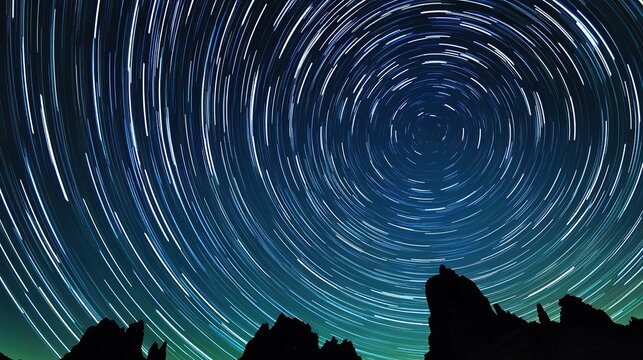 Long exposure star trails concentric arcs dark night sky white light blue streaks deep indigo top vibrant teal green bottom right silhouetted rock formations or mountain range bottom edge dynamic comp