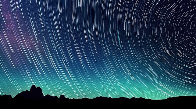 Night sky multitude star trails long exposure elongated lines primarily white light blue curving arcs upper left to lower right celestial backdrop gradient dark blue purple top teal green bottom dark 
