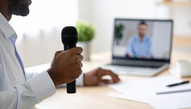 A close-up of a man's hand holding a microphone, with a laptop screen in the blurred background displaying a video call with another man, suggesting a remote interview or online presentation.
