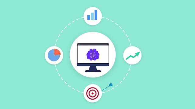 Animated AI computer interface connected with analytics, growth, targeting, and business performance icons in a modern digital technology network concept.