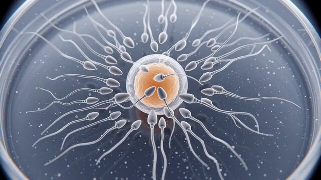 Microscopic view of sperm cells swimming toward egg for fertilization