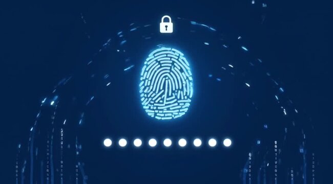 Cinematic 4K Footage of a Glowing Fingerprint with Lock Icon on Dark Blue Background Video Clip