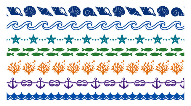 Coastal-Themed Horizontal Border Designs, Nautical Ocean Seamless Border Pattern With Marine Elements