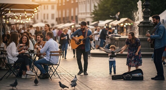 Street performers playing music in a vibrant European city square at sunset.