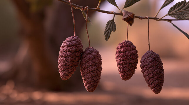 Hanging alder catkin cones on branch in soft sunset golden light with golden hour, woodland