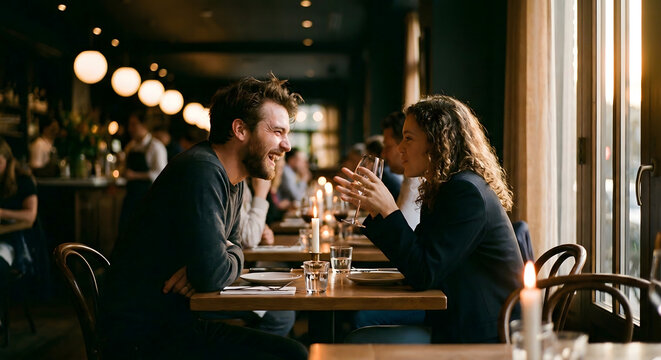 Pareja joven divirti&eacute;ndose y cenando con vino en un restaurante elegante