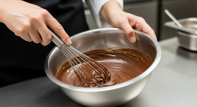 Chef Mixing Chocolate Batter with Whisk in Kitchen, Baking and Dessert Preparation Concept