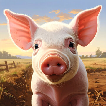 Cute pink piglet on farm