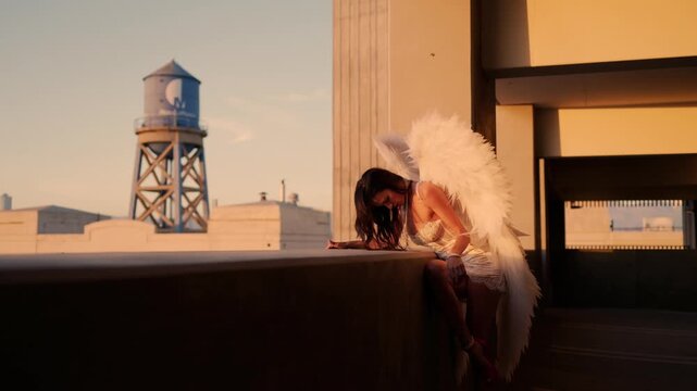 Photographer captures a fashion model with angel wings during a cinematic golden hour rooftop photoshoot with warm sunlight and dreamy atmosphere.