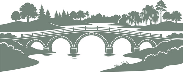 Fototapeta premium Classic park bridge with multiple arches and weeping willow trees