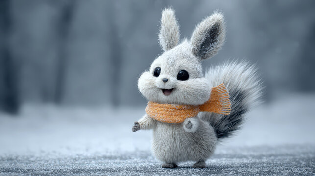 Cute Fluffy Squirrel Standing In Snow With Scarf
