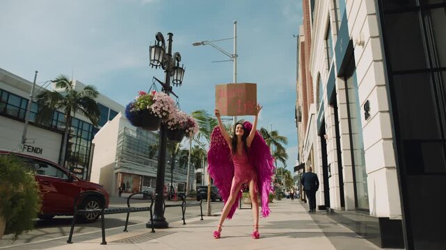 A woman dressed as a Valentine-themed angel in a vibrant pink costume walks through the luxury shopping streets of Beverly Hills holding a handmade Valentine&rsquo;s Day sign. Surrounded by palm trees
