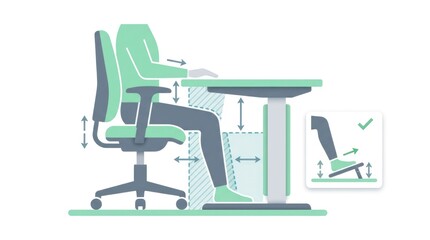 Fototapeta premium Ergonomic office chair and desk illustration showing adjustable features for optimal comfort