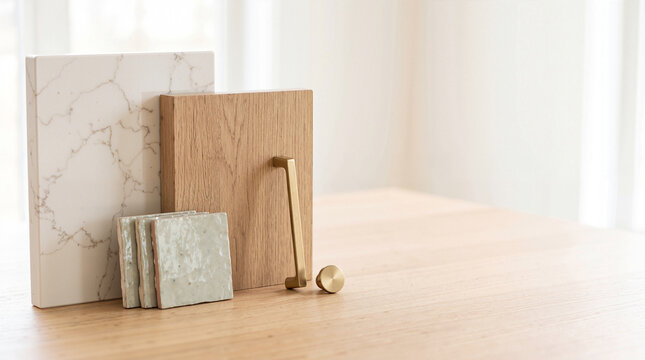 Material samples with wood marble and tile pieces on minimalist design desk