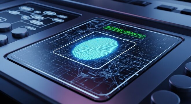 Futuristic biometric fingerprint scanner displaying "ACCESS GRANTED," symbolizing advanced security, digital authentication, and secure data access.
