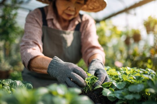 An elder 65yo Asian female gardener with tan skin and plus-size body wears gloves while planting seedlings in a bright greenhouse.