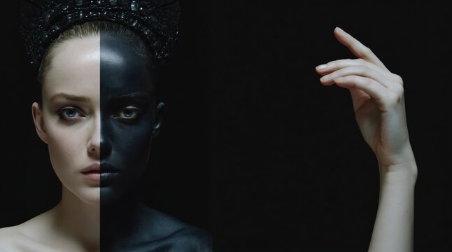 Conceptual portrait of a woman with face half painted black against a dark background