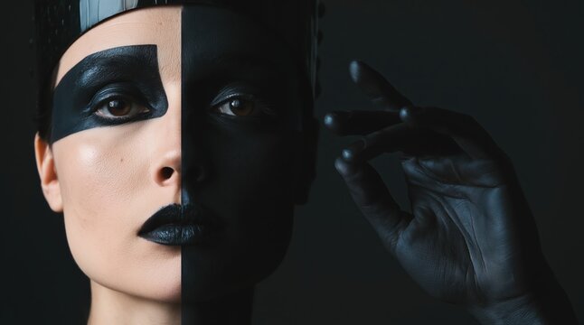 Close up of a person with half the face painted black and dark makeup performing artistic hand gestures