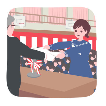 【ライフステージ】校長先生からステージで卒業証書を受け取る卒業生の女子学生のイラスト素材
