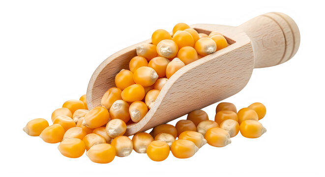 A wooden spoon pouring out a stream of bright yellow corn kernels isolated on transparent background