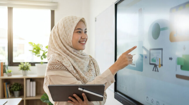 Woman in hijab presenting on screen.