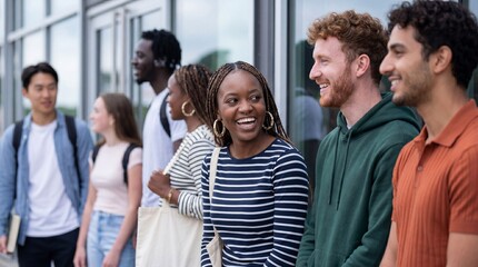 Obraz premium Diverse group of young students smiling outdoors on campus