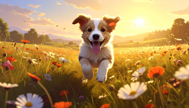 Joyful puppy sprinting through wildflowers