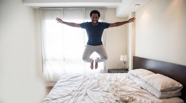 Joyful man jumping on bed in bedroom