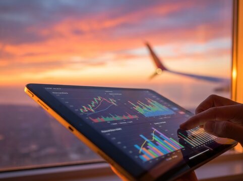 Person using tablet to analyze data charts during flight with sunset view from airplane window