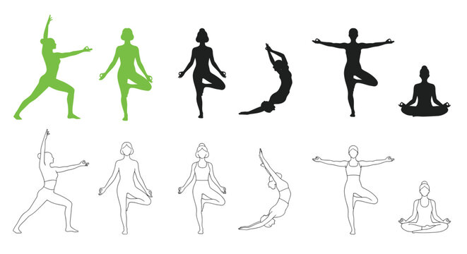 Yoga Poses Silhouette and Line Art Collection - Health & Wellness Icons