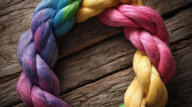 Vibrant multi-colored braided material forms a circle shape resting upon rustic wooden planks.