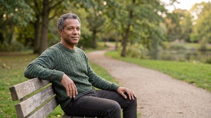 Obraz premium Relaxed man sitting on park bench
