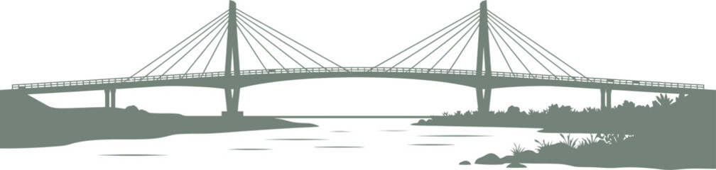 Naklejka premium vector can be editable Contemporary suspension bridge over a river with grassy banks