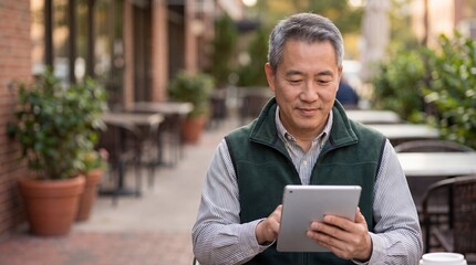 Obraz premium Mature Man Using Digital Tablet Outdoors