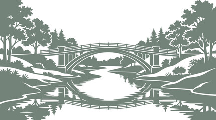 Naklejka premium vector can be editable Curved arch bridge over a winding river with tree reflections