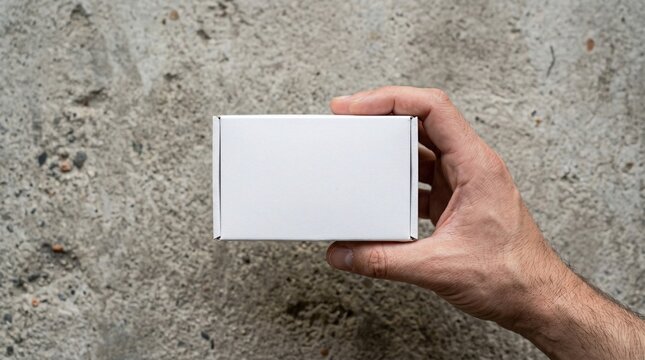 A person's hand firmly holds a small, plain white cardboard box against a rugged, textured concrete surface, providing an ideal blank mockup for product packaging design and brand presentation