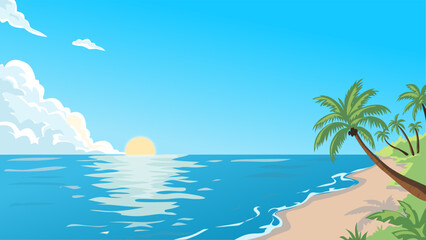 Obraz premium Vector illustration of a tropical beach at sunset with palm trees, calm blue ocean waves, and fluffy clouds under a clear sky