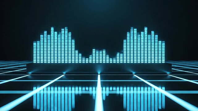 Neon Soundwave Equalizer: A vibrant neon soundwave equalizer displays pulsating blue bars against a dark, futuristic backdrop, reflecting on a glossy grid floor.
