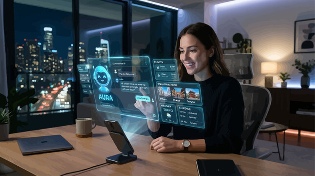 Young woman working on futuristic AI chatbot interface at night in home office with city view