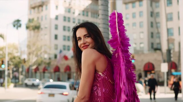 A woman dressed as a Valentine-themed angel in a vibrant pink costume walks through the luxury shopping streets of Beverly Hills holding a handmade Valentine&rsquo;s Day sign. Surrounded by palm trees